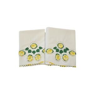 Vintage Crochet White Pillowcase Set of 2 with Yellow Roses & Green Leaves
